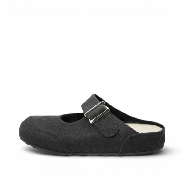 Baabuk grey wool Mary Jane sandal with an adjustable buckle strap and cork insole, side view.