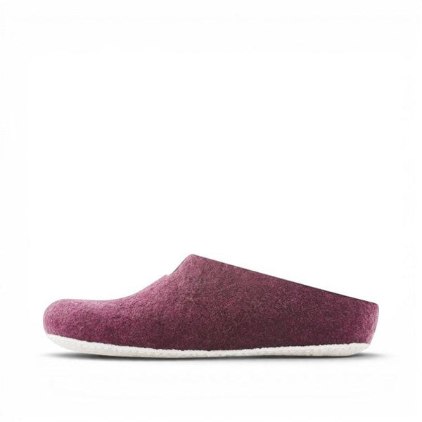 Baabuk Mel bordeaux wool slippers with natural crepe rubber soles, handmade in Nepal from New Zealand wool.