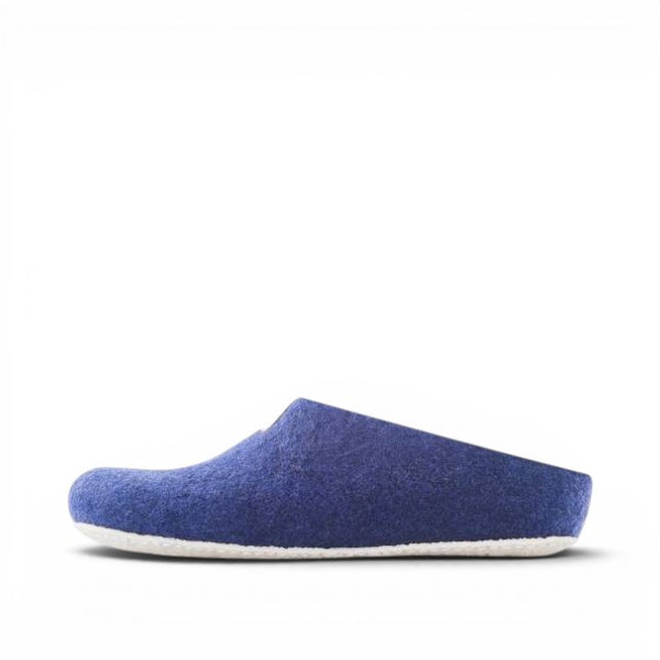 Baabuk Mel navy blue wool slippers with natural crepe rubber soles, handmade in Nepal.