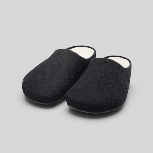 Baabuk Alpina minimalist black wool slip-on sandals with white recycled merino lining and cork insole