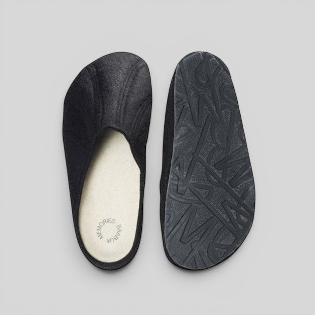 Baabuk Alpina black wool slip-on sandals with a cork insole and patterned rubber outsole, top view.