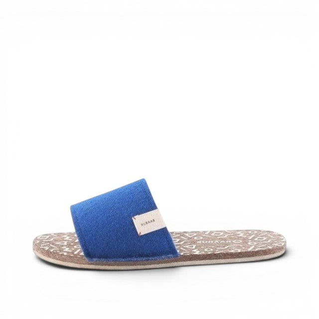 Baabuk Baabulette slide sandals in ultra marine blue wool with a patterned footbed and natural crepe rubber sole.