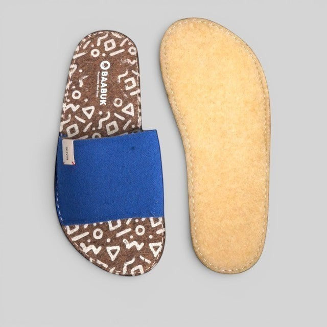 Baabuk Baabulette sandals in ultra marine blue wool with a patterned footbed and natural crepe rubber sole.