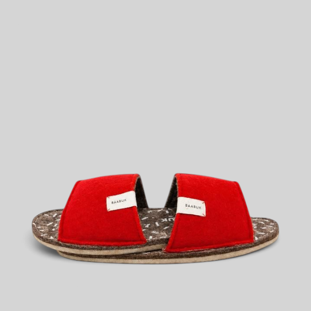 Baabuk Baabulette slide sandals in Swiss Red wool with natural crepe rubber soles and branded fabric labels