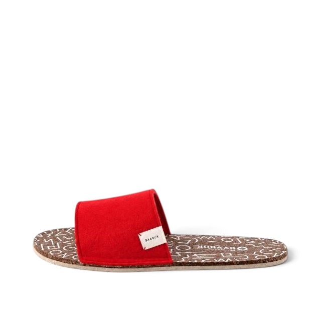 Baabuk Baabulette wool slide sandals in Swiss red with a patterned cork-style footbed and side brand label.