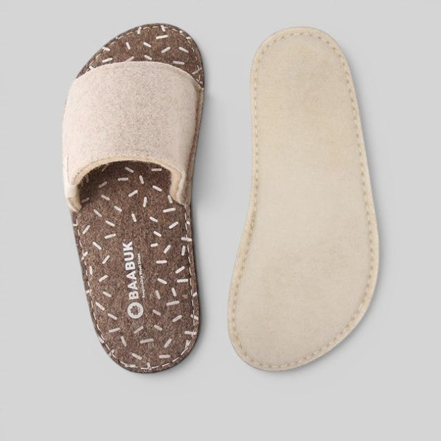 Baabuk Baabulette wool slide sandals in middle grey with a patterned footbed and natural crepe rubber sole.