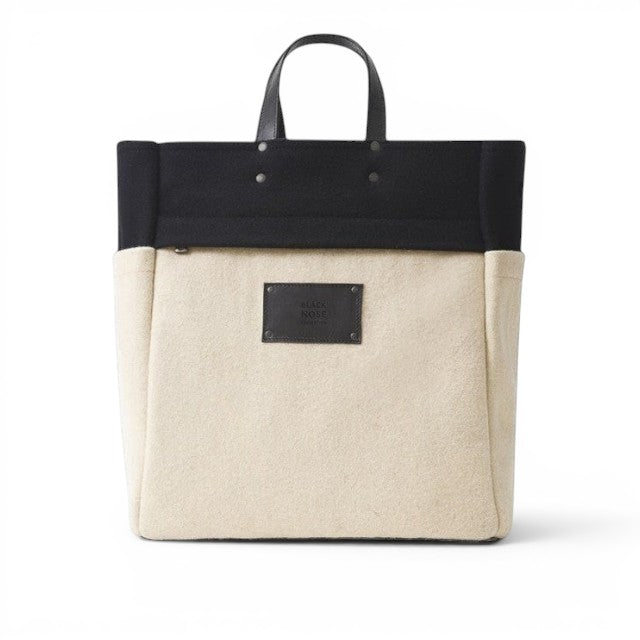 Baabuk BBB Bag Blacknose tote in cream and black wool with natural leather handles and Blacknose Collection patch.
