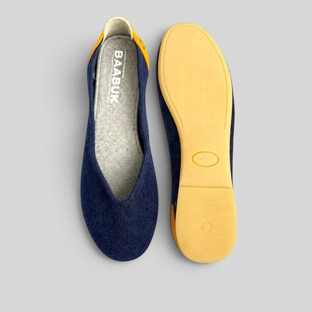 Baabuk blue wool ballerina flats with yellow nubuck heel detail and durable rubber soles