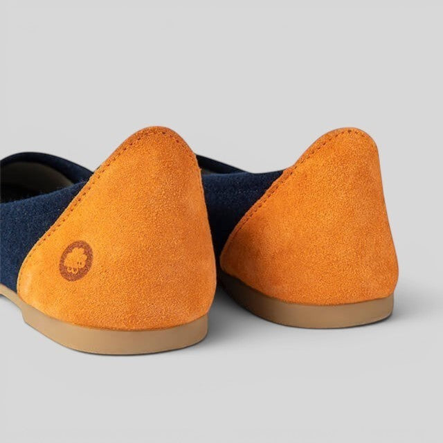 Baabuk blue wool ballerina flats featuring orange nubuck heel detail and a small embossed sheep logo