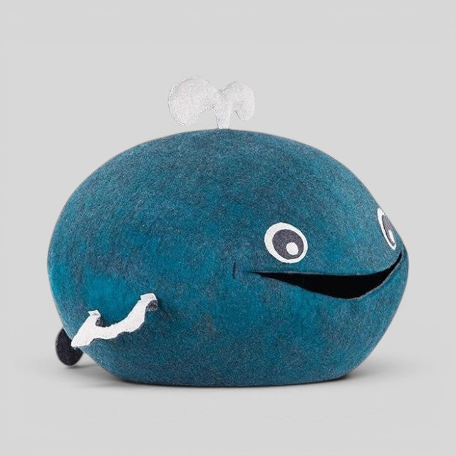 Baabuk Whalebuk blue felted wool whale storage basket with hand-stitched details, handmade in Nepal.