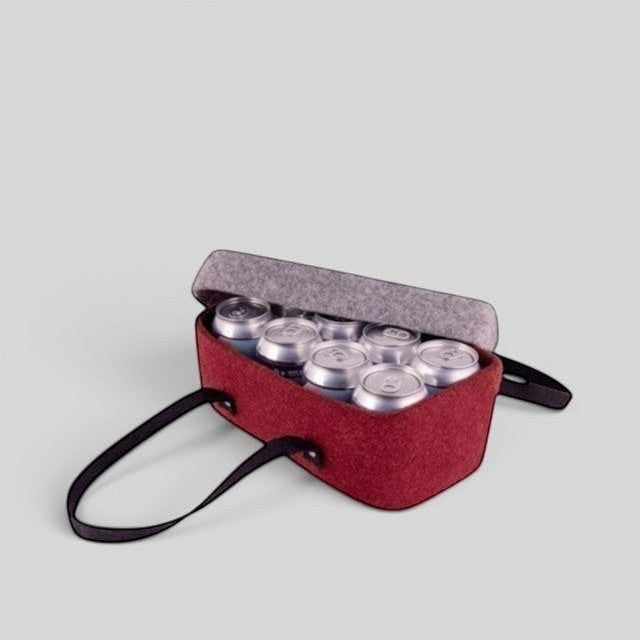 Baabuk Bordeaux wool beer cooler holding eight cans with a grey lid and black leather carrying straps.