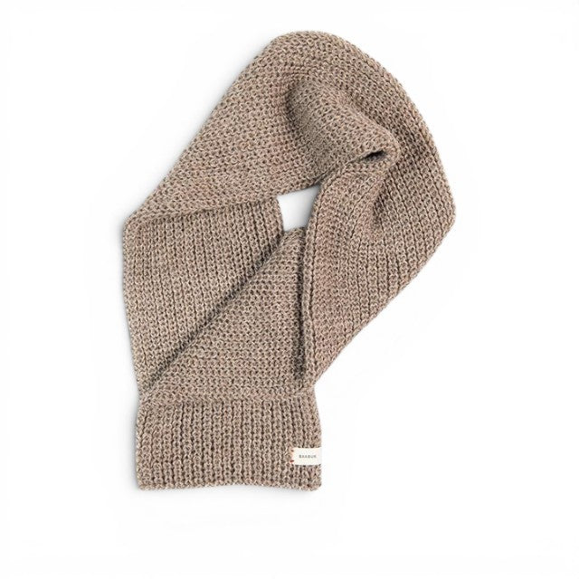Baabuk brown infinity scarf made from soft baby alpaca wool with a textured knit pattern and small brand tag.