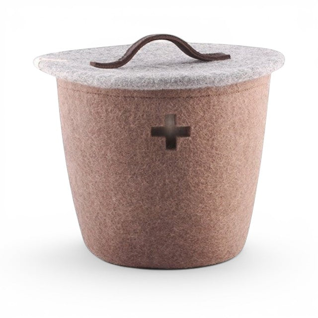 Baabuk large brown felted wool basket with a grey lid, leather handle, and Swiss cross cutout detail.