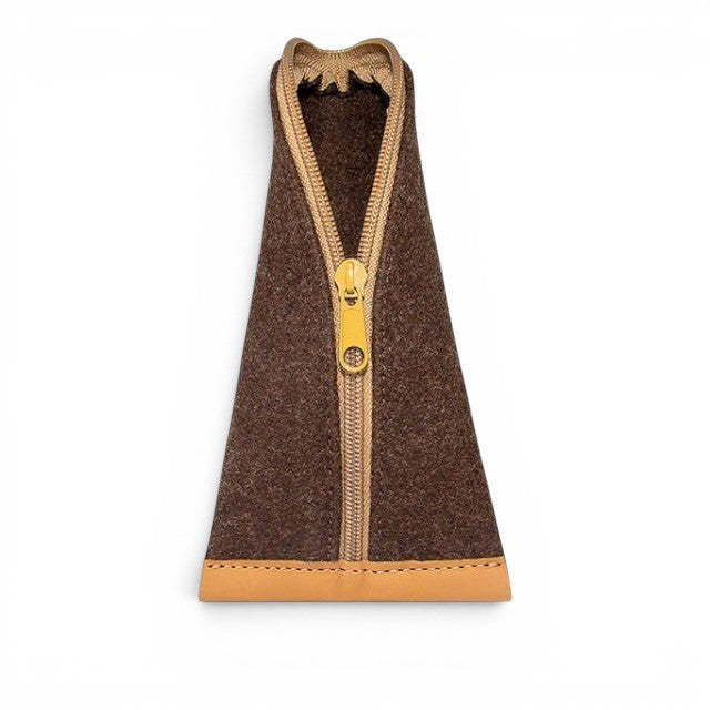 Baabuk brown wool pencil case with leather trim and a central zipper closure on a white background.