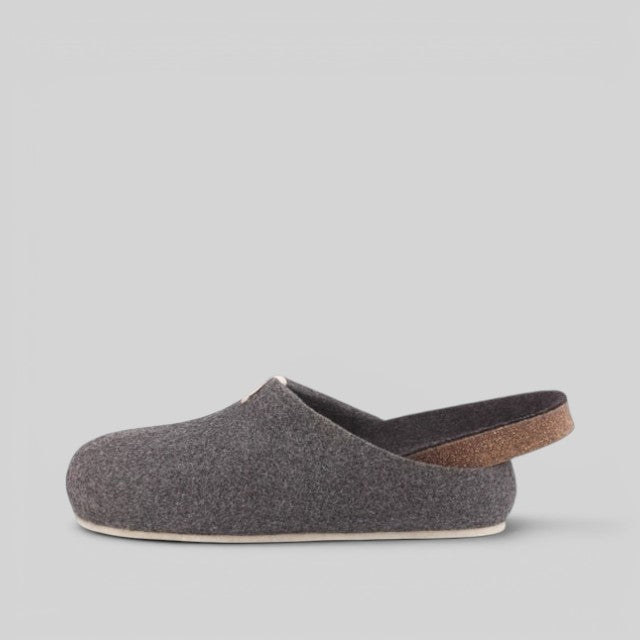 Baabuk Corkybuk dark grey handfelted wool slipper with a flexible cork sole and orthopedic arch support