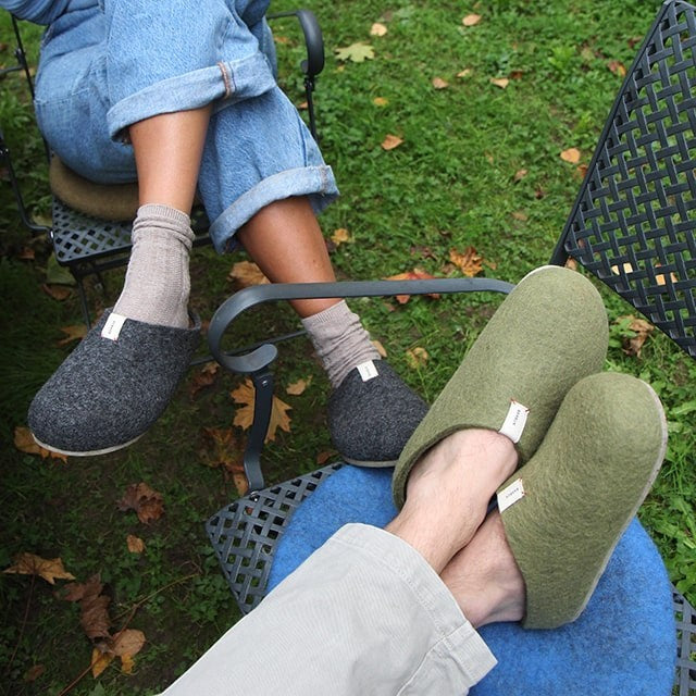 Baabuk Corkybuk slippers in dark grey and green felted wool worn outdoors with cork soles and branded labels