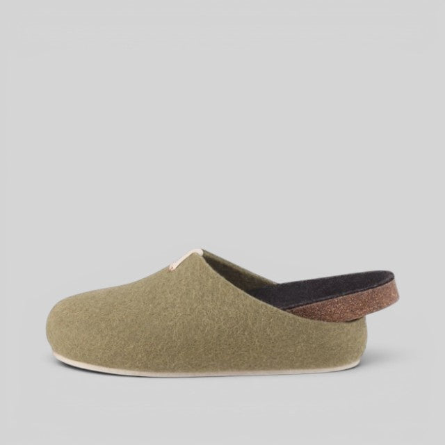 Baabuk Corkybuk slipper in khaki green felted wool with a shock-absorbent cork sole and orthopedic arch support.