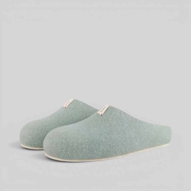 Baabuk Corkybuk light blue handfelted natural wool slippers with orthopedic cork soles for indoor and outdoor wear.