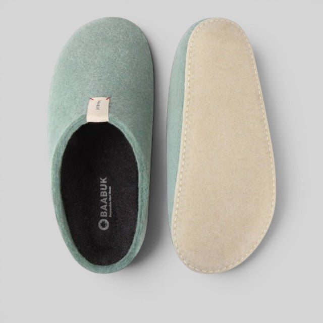 Baabuk Corkybuk light blue handfelted wool slippers with orthopedic cork soles, top view showing interior and base.