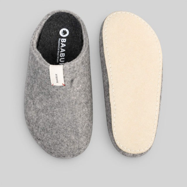 Baabuk Corkybuk light grey handfelted wool slipper with a flexible cork sole and orthopedic arch support