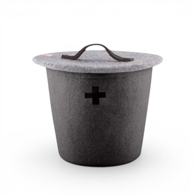 Baabuk small dark grey felted wool basket with a light grey lid, leather handle, and Swiss cross cutout detail.