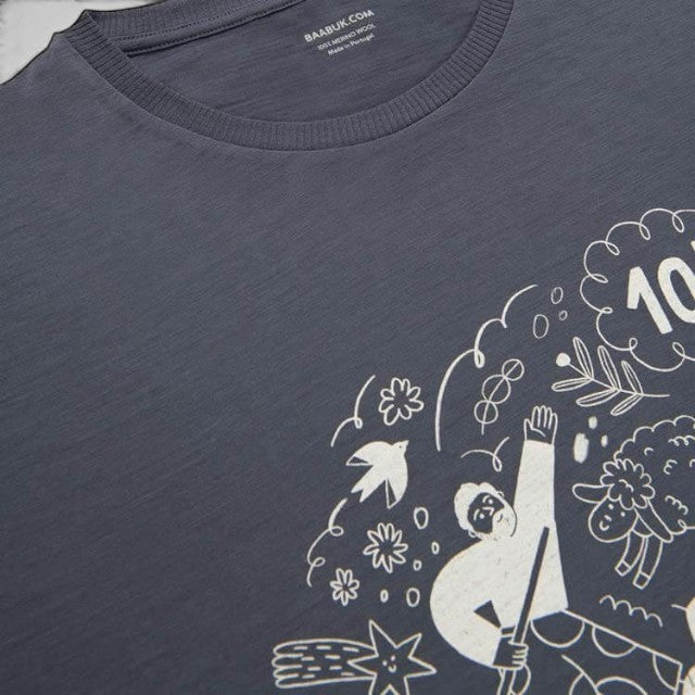 Baabuk dark grey 100% merino wool t-shirt featuring a white illustrative print by artist Ana Seixas Santos.