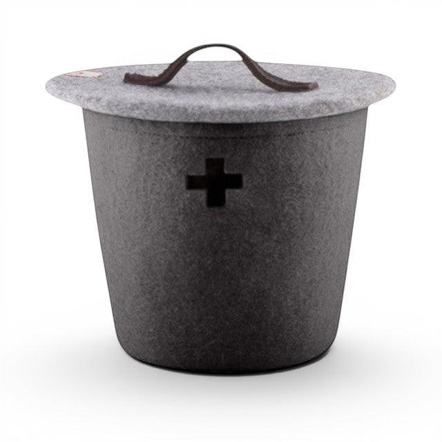 Baabuk dark grey felted wool basket with a lid, leather handle, and Swiss cross cutout detail.