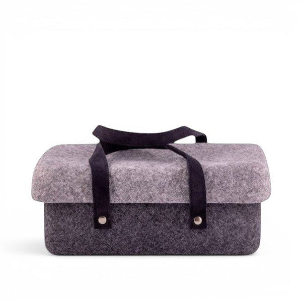Baabuk dark grey wool beer cooler with a leather strap handle, designed for insulating beverage cans.