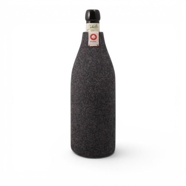 Baabuk dark grey wool bottle cover providing natural insulation for a wine bottle on a white background.