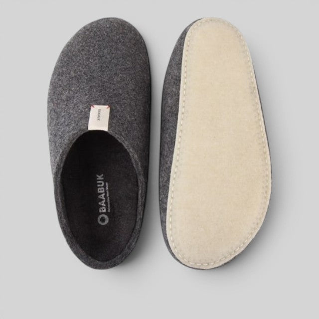 Baabuk dark grey handfelted wool slippers with orthopedic cork soles, shown from top and bottom views.