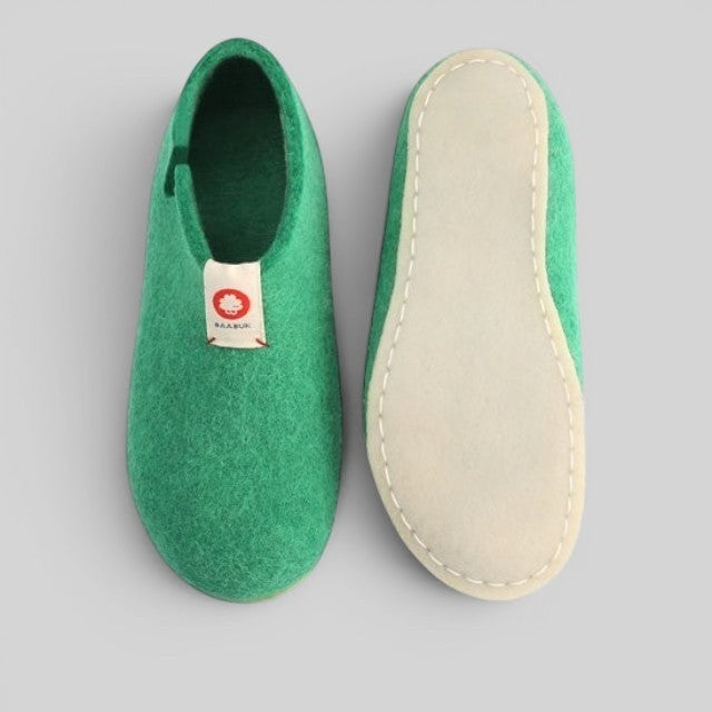 Baabuk Yves Kids emerald green wool slippers with natural crepe rubber soles, handmade in Nepal.
