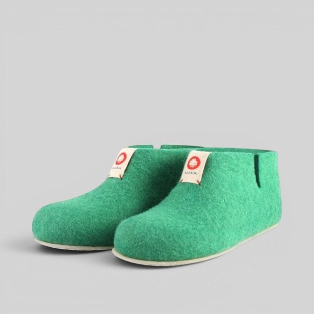 Baabuk Yves Kids emerald green wool slippers with natural crepe rubber soles and branded pull tabs