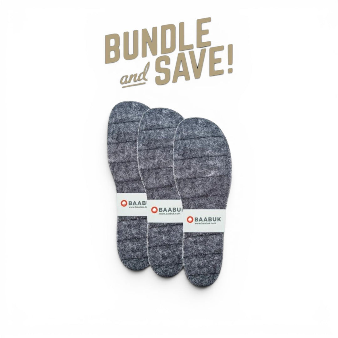 Baabuk grey felt slipper insoles in a 3-pack bundle, handcrafted for comfort and replaceable fit.