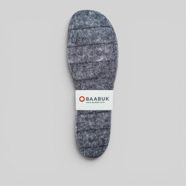 Baabuk grey felt slipper insoles, handcrafted in Nepal, featuring a quilted texture and branded paper band.