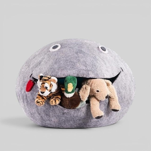 Baabuk grey wool Frogbuk storage basket filled with plush animal toys, handmade from New Zealand wool.
