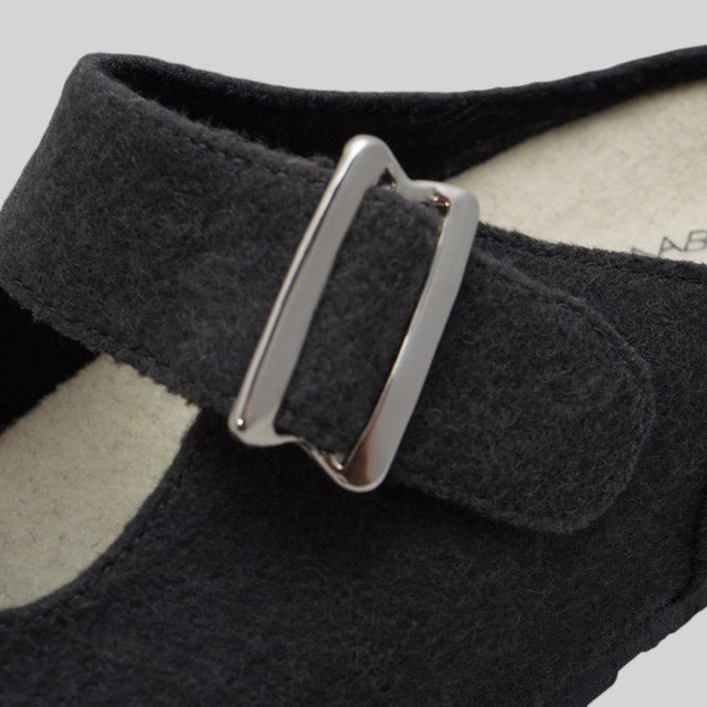 Baabuk grey wool Mary Jane sandal featuring an adjustable silver buckle strap and soft natural wool upper.