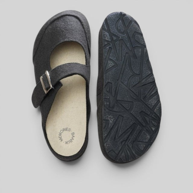 Baabuk grey wool Mary Jane sandal with adjustable buckle strap and patterned rubber outsole on a light background