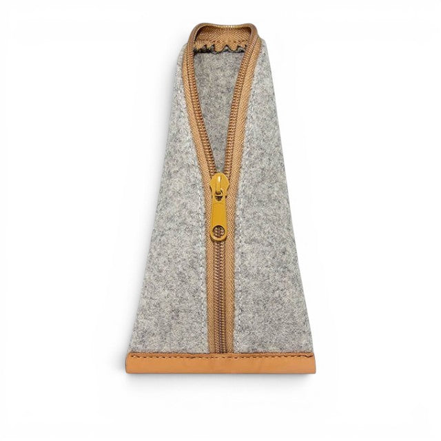 Baabuk grey wool pencil case with a tan leather base and a zippered closure for storing stationery and accessories.