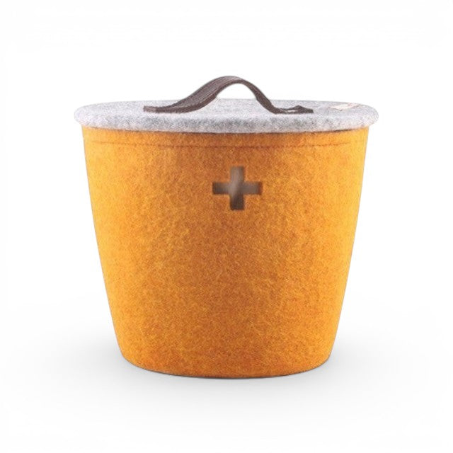 Baabuk small honey yellow felted wool basket with a grey lid, leather handle, and Swiss cross cutout detail.