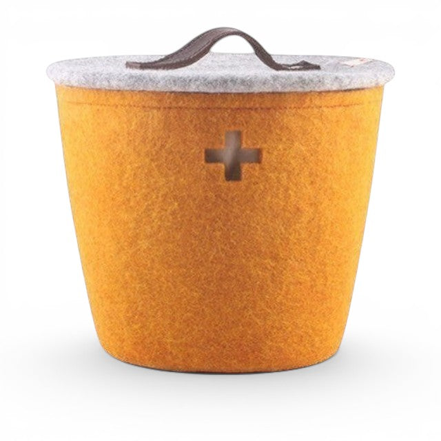 Baabuk large honey yellow felted wool basket with a grey lid, leather handle, and Swiss cross cutout detail.