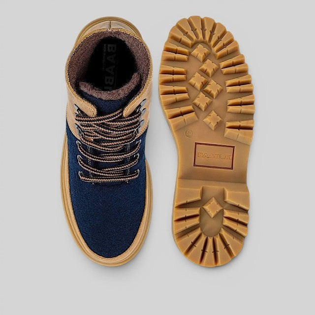 Baabuk Ice Wooler navy and brown wool boots with nubuck leather details and durable rubber lug soles.