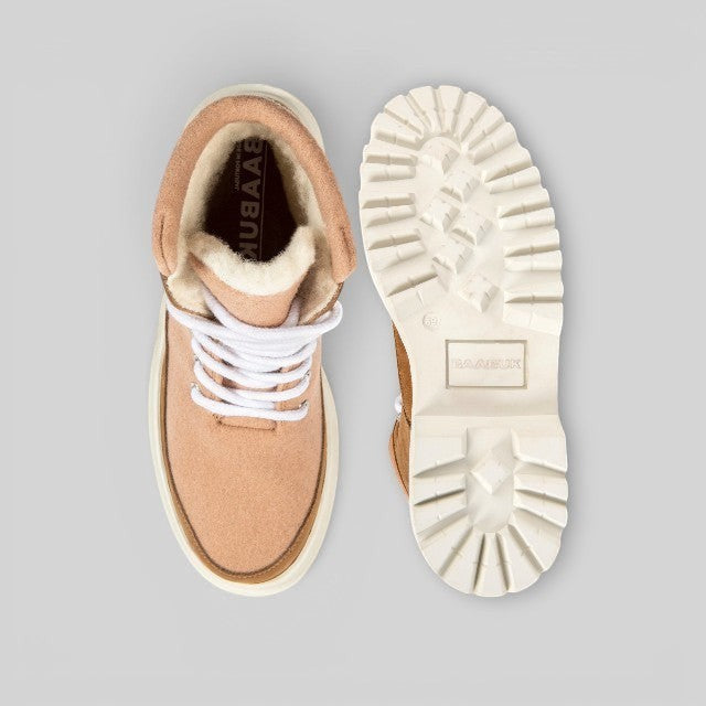 Baabuk Ice Wooler sand rose wool sneakers with white laces and durable rubber lug soles, top-down view.