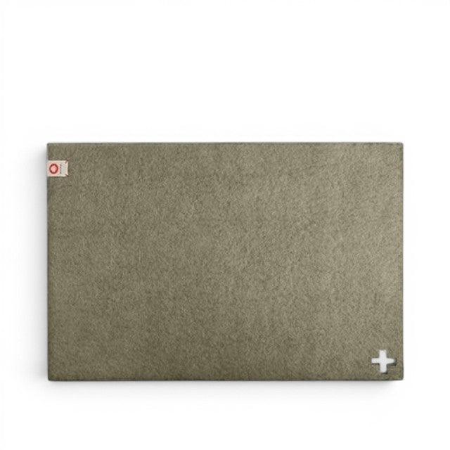 Baabuk khaki felted wool table mat with a small Swiss cross cutout and branded tag on a white background.
