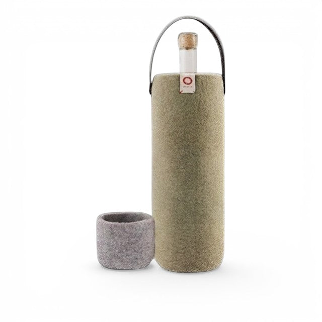 Baabuk khaki green wool wine cooler with a leather strap and matching grey wool cup for portable bottle insulation.