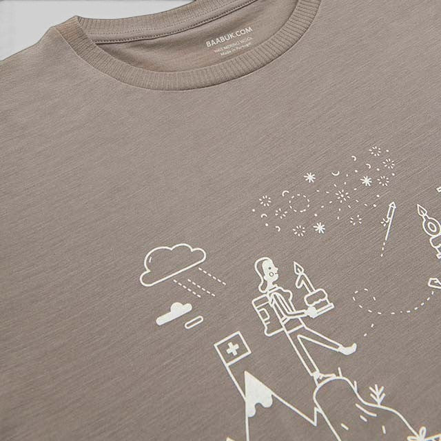 Baabuk khaki 100% merino wool anniversary t-shirt featuring a white Swiss-themed illustration by Jamie Aspinal.