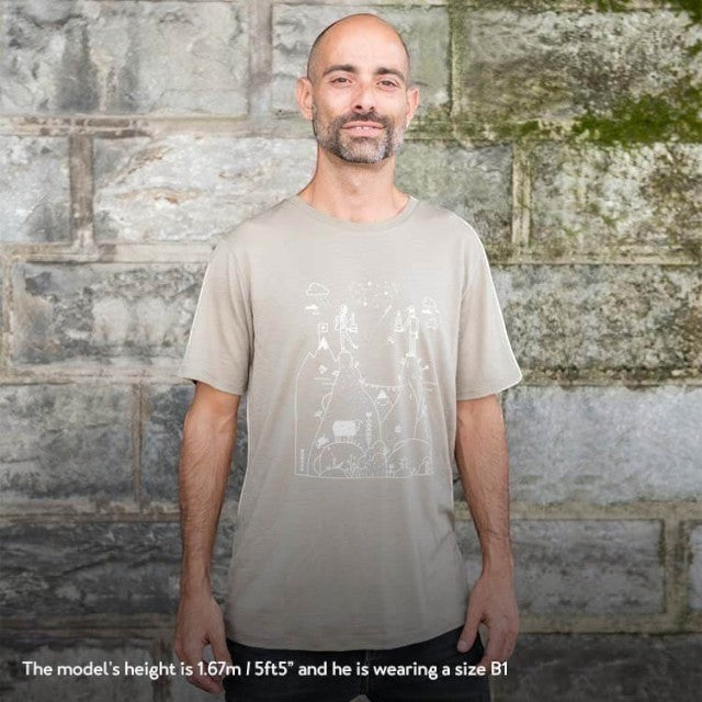 Baabuk 10 year anniversary khaki merino wool t-shirt featuring a white Swiss-themed illustration by Jamie Aspinal