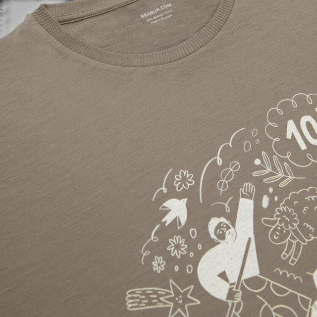 Baabuk khaki 100% merino wool T-shirt featuring a white illustrative graphic by artist Ana Seixas Santos.