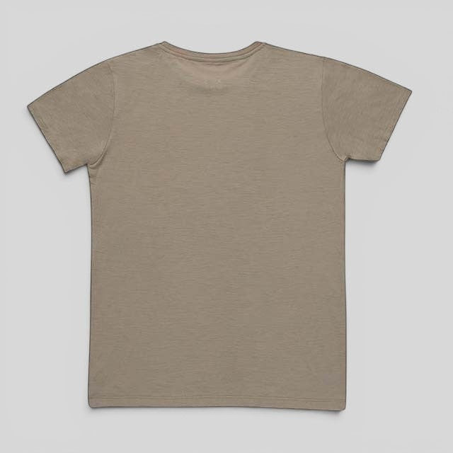 Baabuk 10 Year Anniversary T-shirt in khaki merino wool, back view of the plain crew neck design.