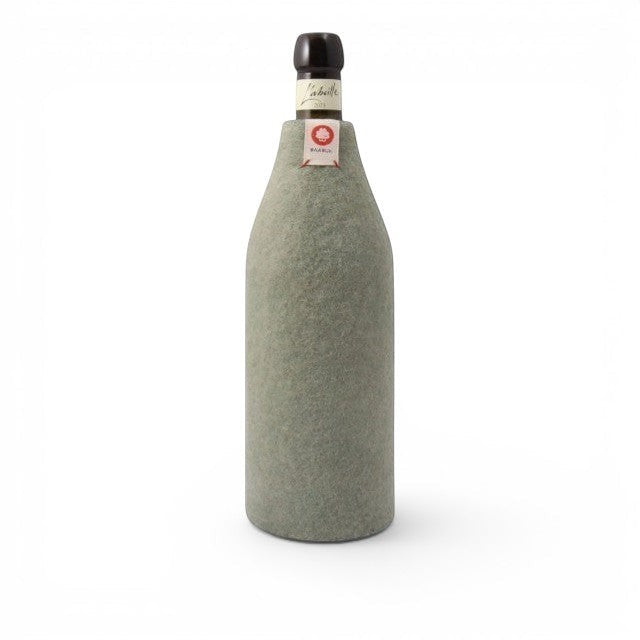 Baabuk khaki wool bottle cover providing natural insulation for a wine bottle on a white background