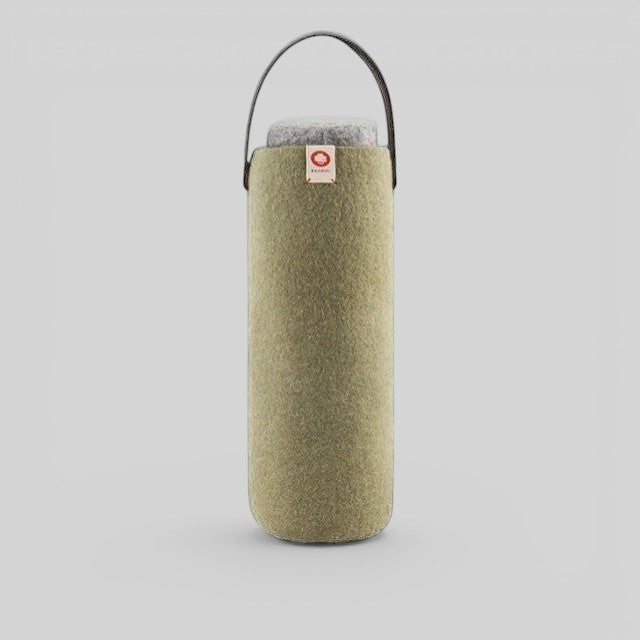 Baabuk khaki green wool wine cooler with a leather carrying strap for insulated bottle transport.